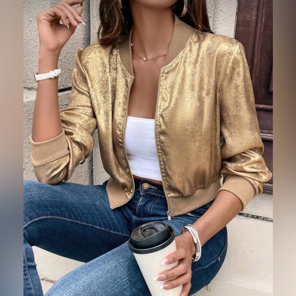 NWOT Gold Cropped Bomber Jacket